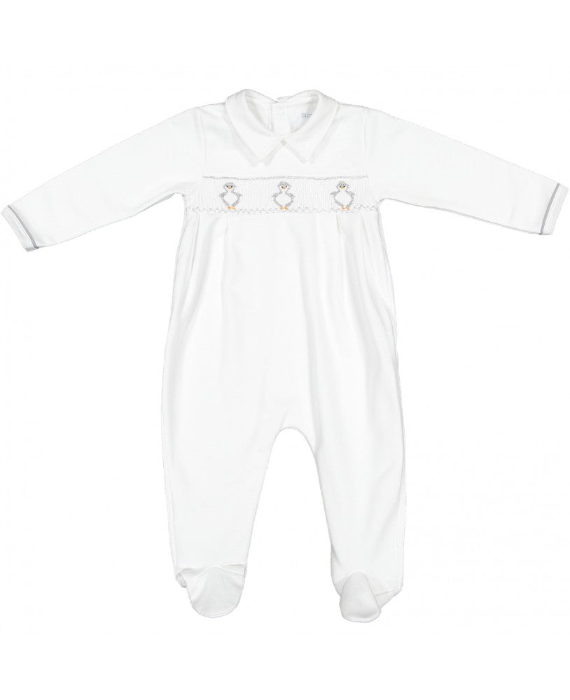 Babygrow em Algodão Peruano Cardado com Pinguins Bordados à Mão, branco