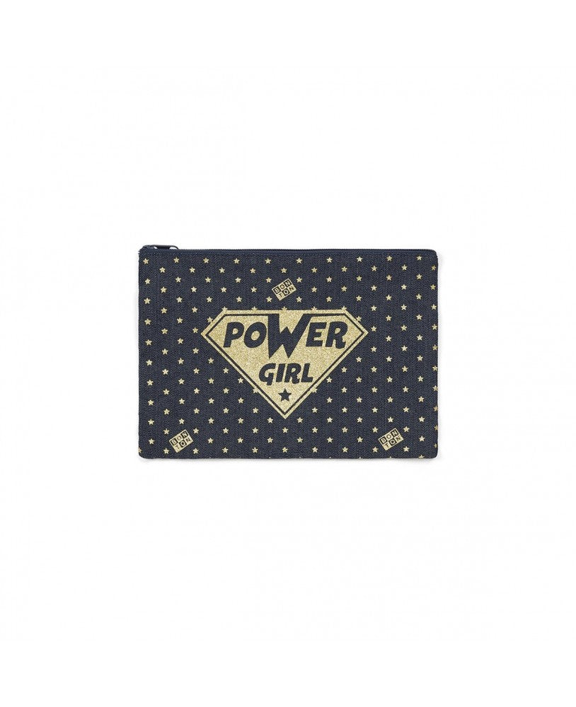 Clutch em ganga com estampagem de estrelas e símbolo "Power Girl", Bonton