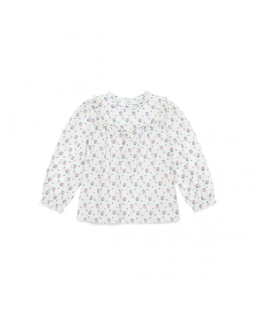 blusa padrão fundo branco com pequenas flores em azul e rosa