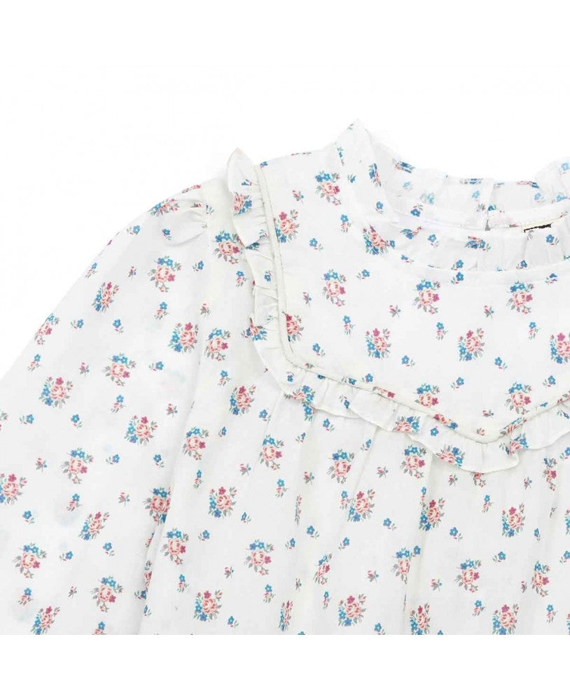 pormenor gola e colo com folho, blusa padrão flores