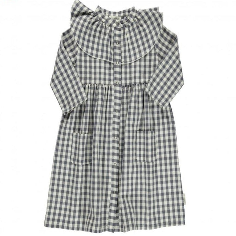 Collar Dress with Frills, Gray Plaid