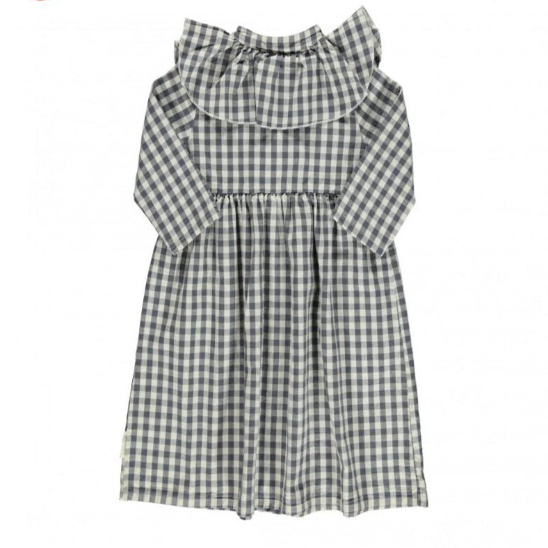 Collar Dress with Frills, Gray Plaid