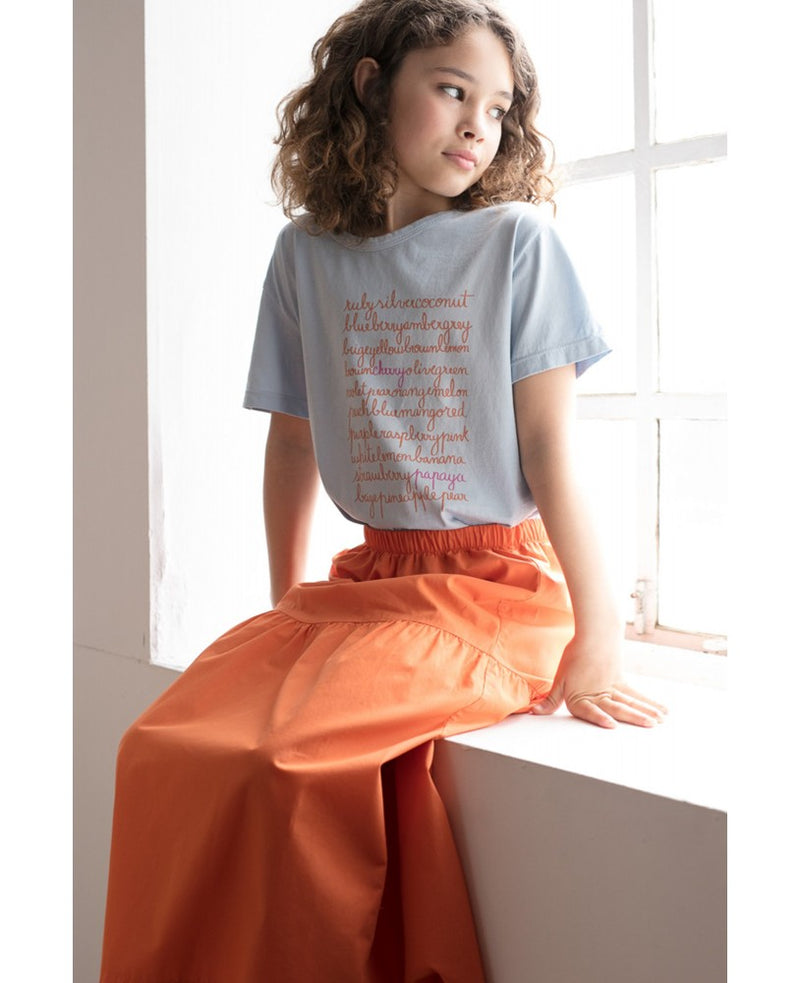 rapariga com t-shirt azul com estampa e saia laranja