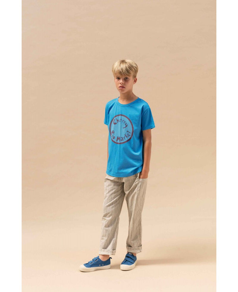 rapaz com t-shirt azul estampada e calças cinza