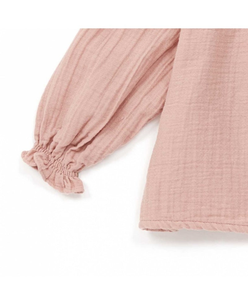pormenor manga com elástico e folho, blusa rosa